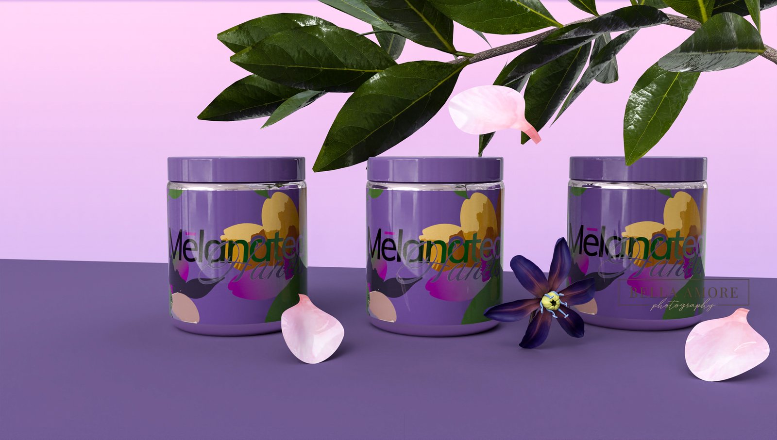 Melanated Hands, a beauty brand concept showing three jars of hand creams on a beautiful table